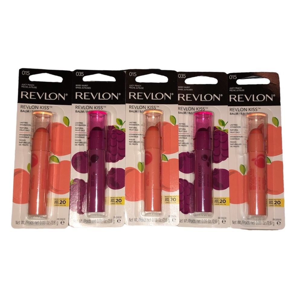 Revlon Kiss Balm SPF 20 Lot of 5 Juicy Peach 015 and Berry Burst 035 EXP 2025